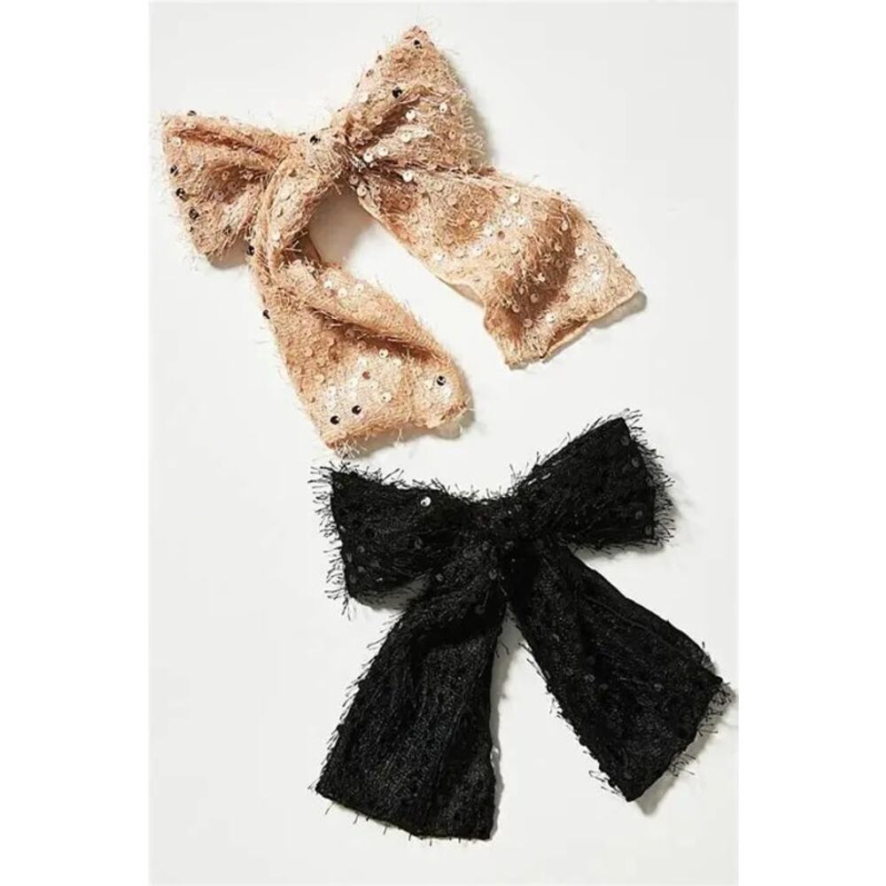 Anthropologie Black & Cream Sequin Bow Set | Size Large